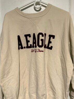 American Eagle Outfitters Cream Waffle-Knit Crewneck Sweatshirt with Green Logo